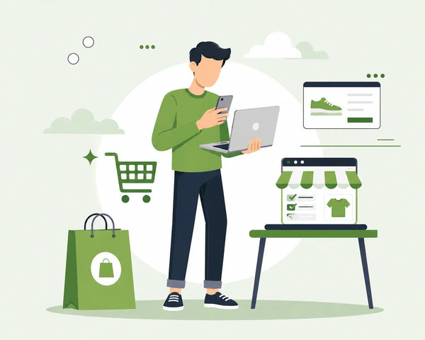 Merchant building a new Shopify store on a laptop after migrating from WooCommerce