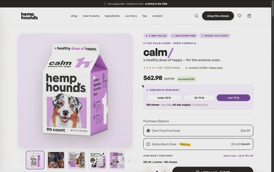 Hemp Hounds product page with subscribe and save